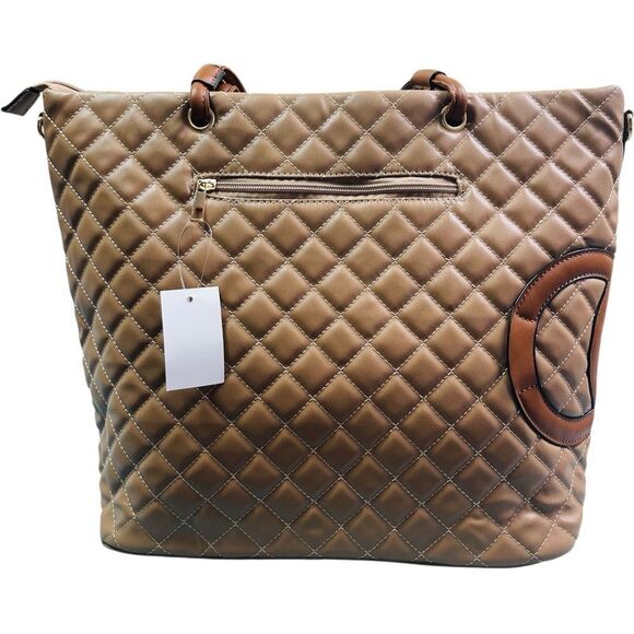 Fashion Designer Tan and Brown Quilted Large Tote Bag - Picture 7 of 11
